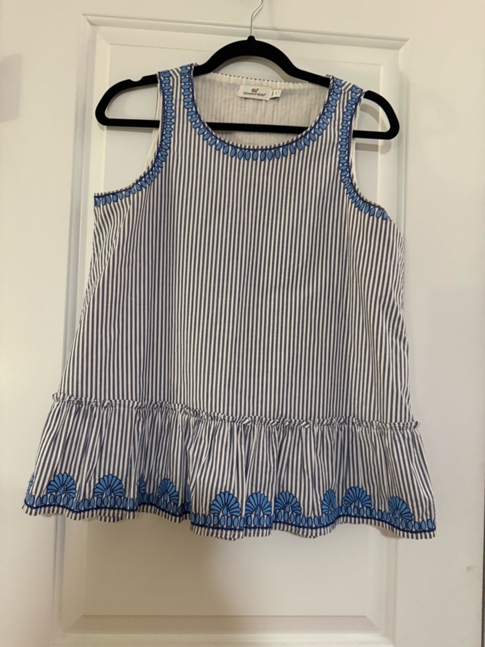 Vineyard Vines Blue & White Striped Embroidered sleeveless peplum top